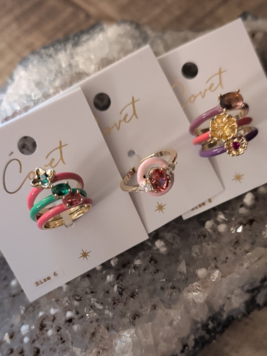 Covet Jewelry - Covet Stacking Rings Lot; 7 Enameled Gold-toned w/ Colored Stones